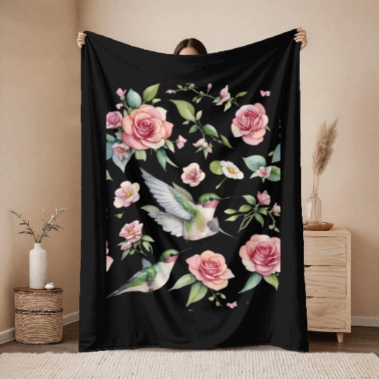 a little hummingbird and beautiful wildflowers Throw Blankets