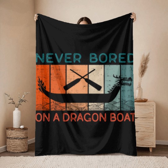 Never Bored On A Dragon Boat Funny Racing Throw Blankets