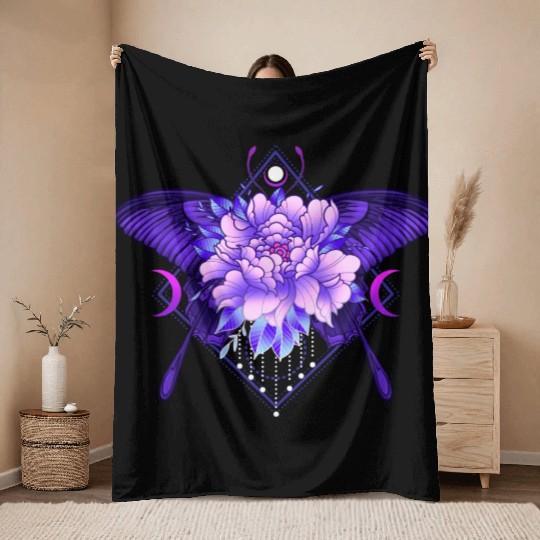Peony Butterfly geometric tattoo Throw Blankets