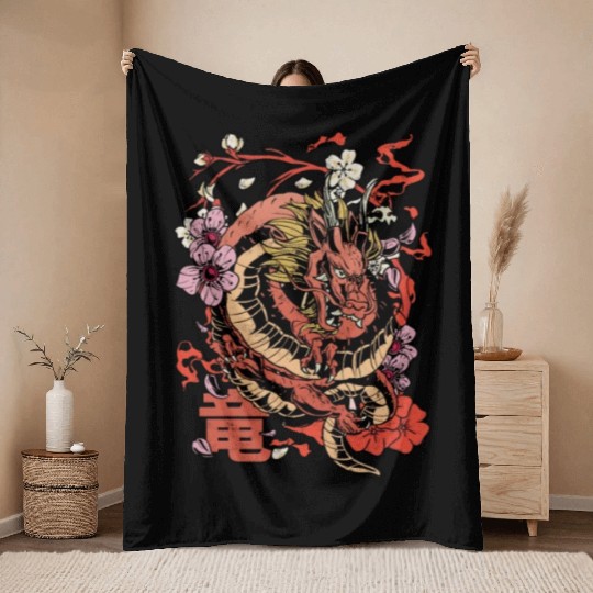 Japanese Tokyo Dragon Retro - Japanese Mythology Throw Blankets