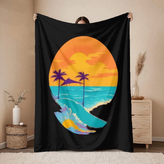 Golden Horizon: Serene Sunset & Surfing Paradise Throw Blankets