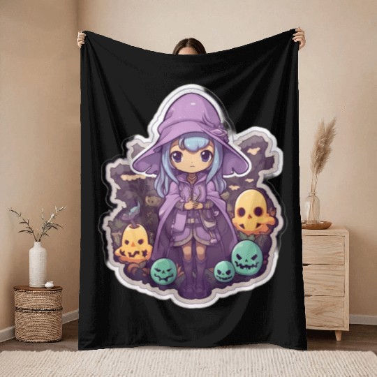 Cute Cartoonish Necromancer Summoning Friends Throw Blankets
