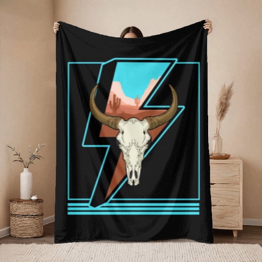 Cowboy Throw Blankets, Lightning Cow Skull Dessert Cactus