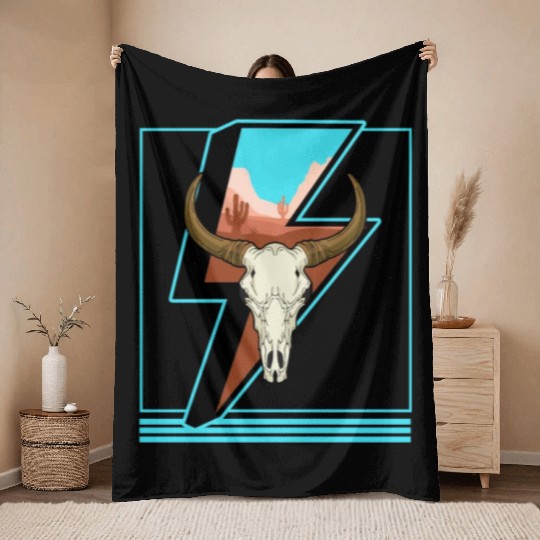 Cowboy Throw Blankets, Lightning Cow Skull Dessert Cactus
