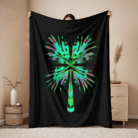 Psychedelic Shamrock Four Leaf Clover Throw Blankets