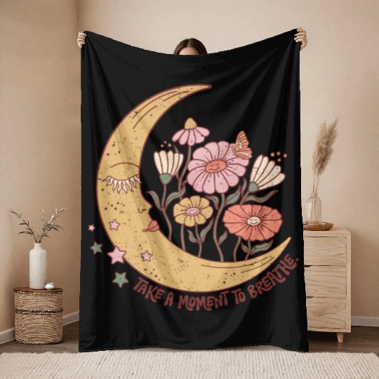SELF CARE Throw Blankets, Moon Face, Wild Flower Throw Blankets