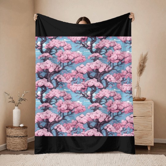 Anime Euphoria: Fantasy Cherry Blossom Dreamscape Throw Blankets