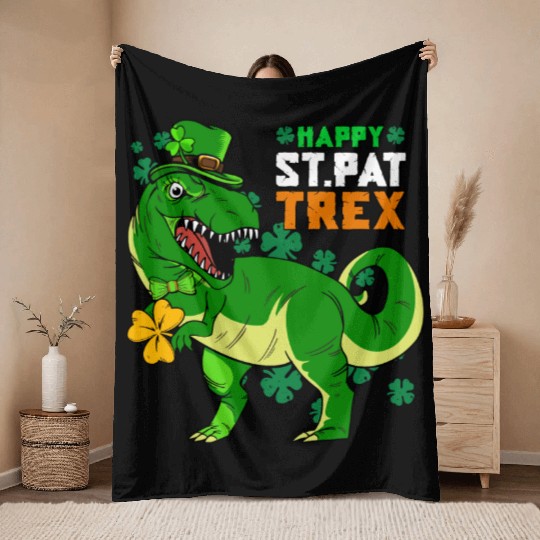 Happy St Pat Trex Day Saint Patricks Dinosaur Throw Blankets