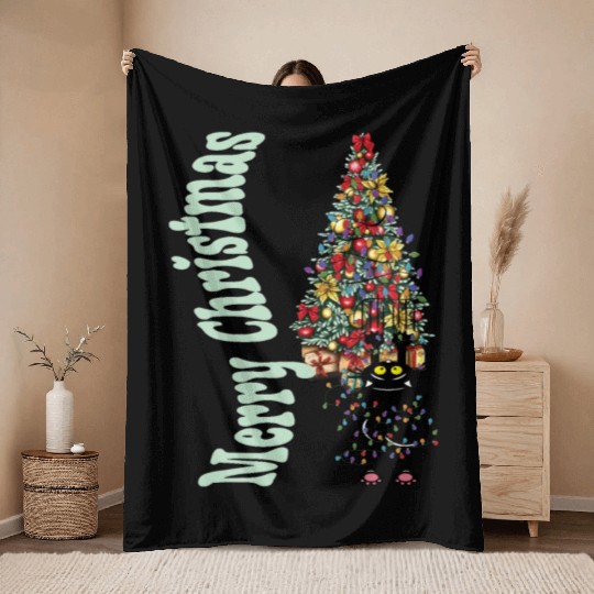 Cat Tangled In the Christmas Tree Lights Throw Blankets