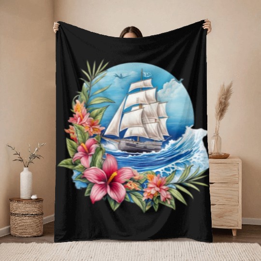 Sailing Ship Sailing Orchids Flowers Sailboat Throw Blankets