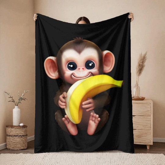 Chimpanzee with Banana - Monkey Lover Design Throw Blankets