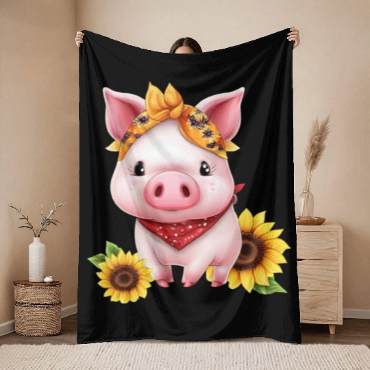 Pig with Bandana and Sunflower, Charming Farm Throw Blankets