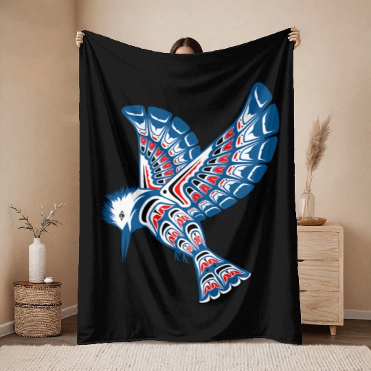 Native American Style Kingfisher Pacific Northwest Throw Blankets