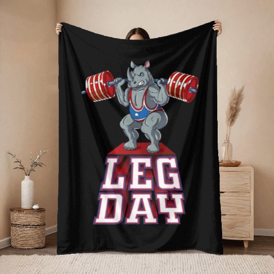 Leg Day Rhino Weight Lifting Squat Gym Throw Blankets