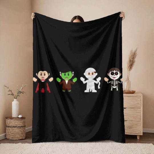 Dracula, Mummy, Skeleton Throw Blankets