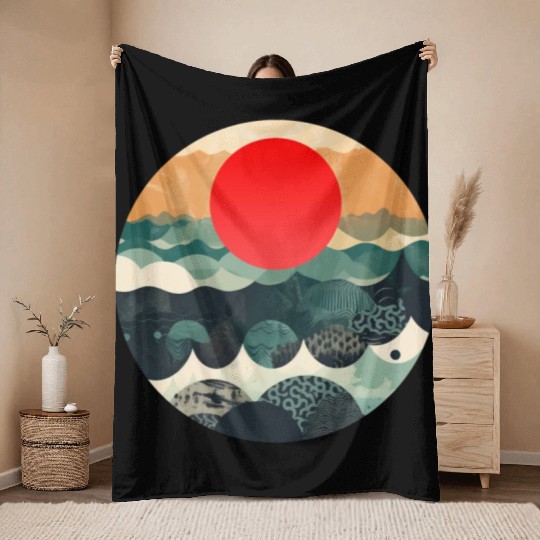 Red sun Japanese Art Inspired Patterned Ocean Throw Blankets