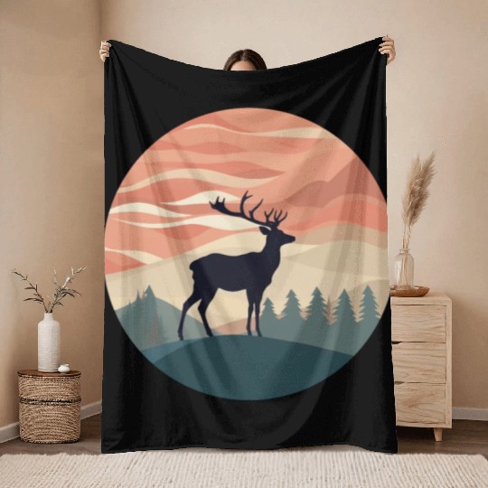 Deer Silhouette Emerald Forest Wanderlust Design Throw Blankets
