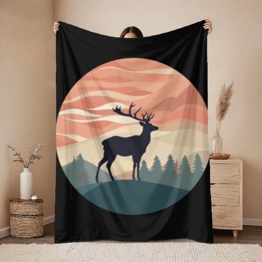 Deer Silhouette Emerald Forest Wanderlust Design Throw Blankets