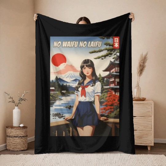 Funny Retro Art Style Anime Girl Japan Waifu Humor Throw Blankets