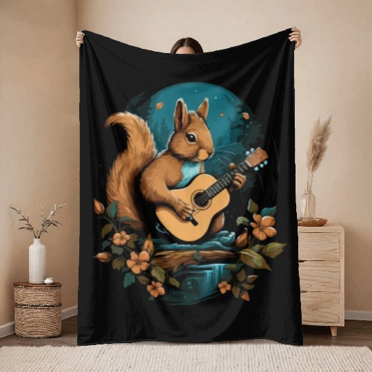 Squirrel playing a guitar Throw Blankets