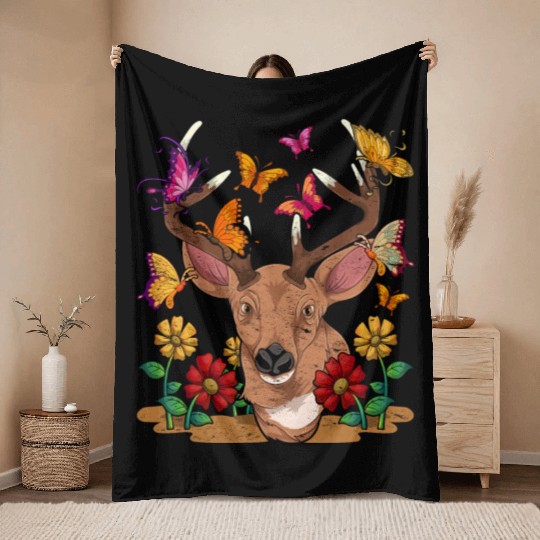 Flowers forest animal gift butterfly deer Throw Blankets