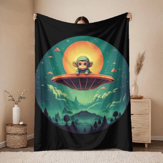 UFO Abduction of a Monkey by an Alien Throw Blankets