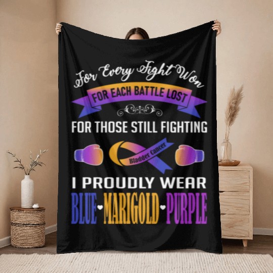 I Proudly Wear Blue Marigold Purple Bladder Cancer Throw Blankets