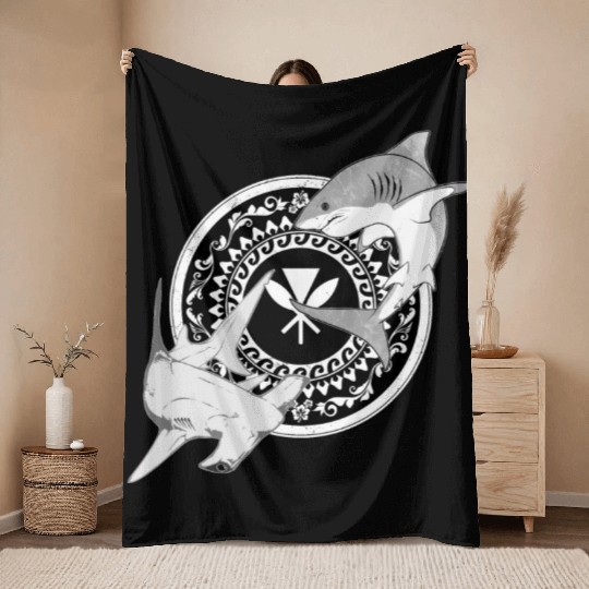 Kanaka Maoli Hammerhead Great White Shark Throw Blankets