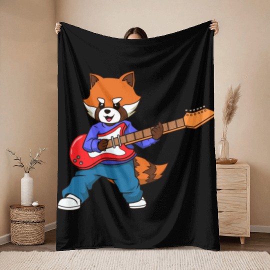 Comic Red Panda Playing Electric Guitar Throw Blankets
