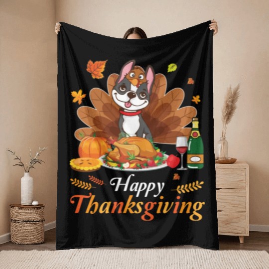 Boston Terrier Turkey Costume Wine Pie Pumpkin Throw Blankets