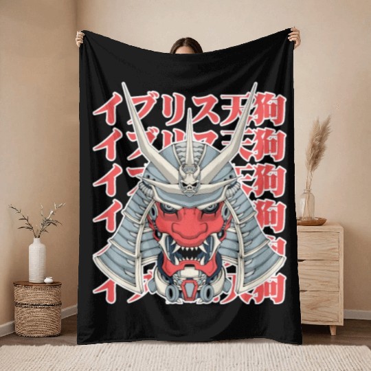 Mecha samurai tengumask Throw Blankets