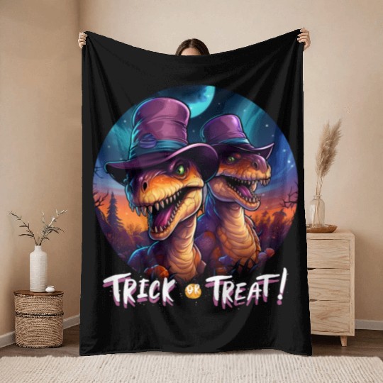 Halloween Dinosaur Velociraptor Trick or Treat Throw Blankets
