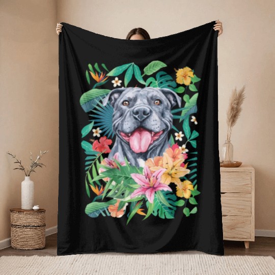 Tropical Gray Pit Bull Pitbull Throw Blankets