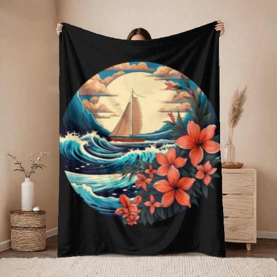 Sailing Ship Sailing Orchids Flowers Sailboat Throw Blankets