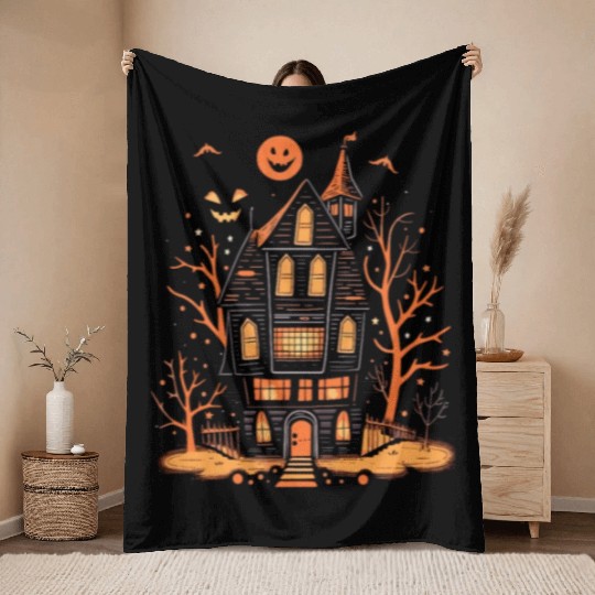 Haunted House Halloween Throw Blankets, Spooky Mansion