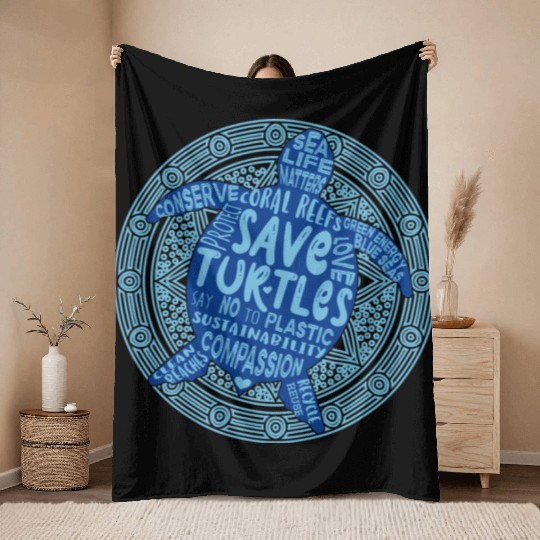 Save The Turtles Blue Boho Throw Blankets
