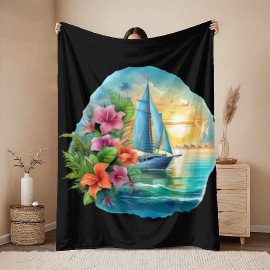 Sailing Ship Sailing Orchids Flowers Sailboat Throw Blankets