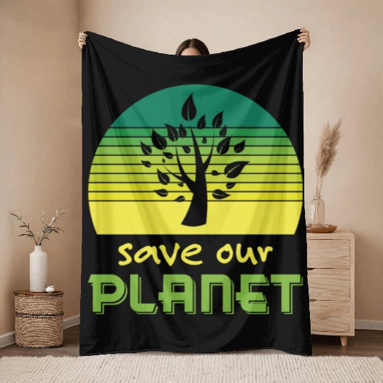 Save Our Planet Retro Sunset Green Throw Blankets