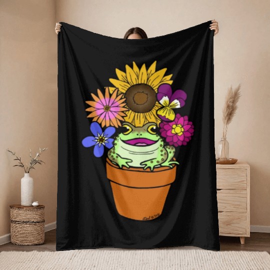 Flower Pot Toad Throw Blankets
