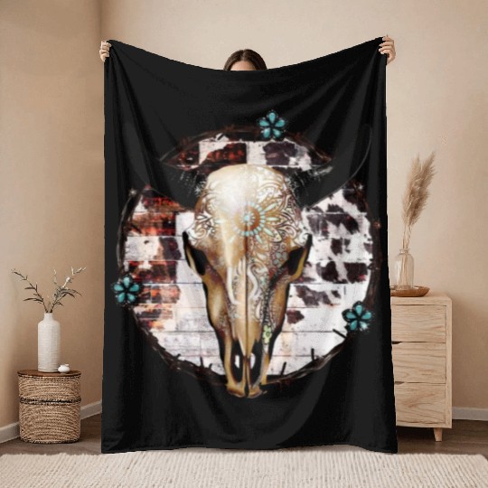 Bull Skull Western Throw Blankets