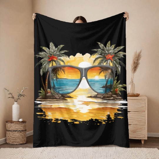 Sun glasses with tropical beach Throw Blankets Design