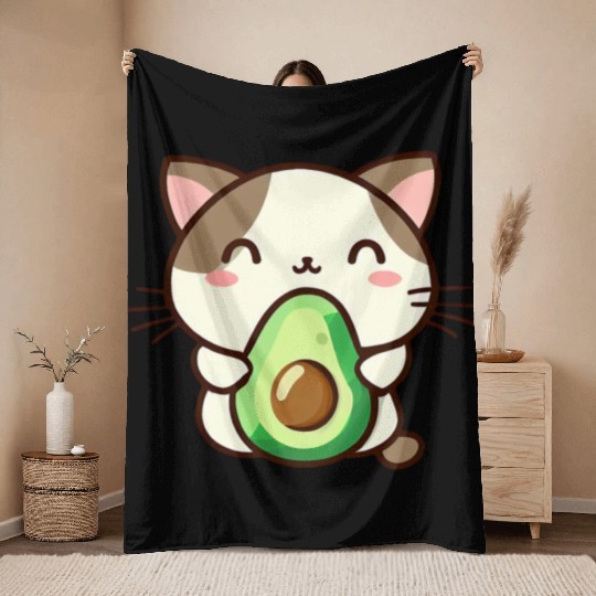 Cat with avocado Throw Blankets