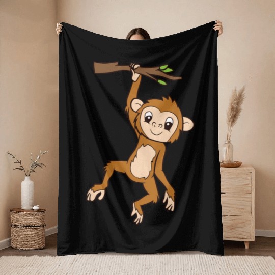 Monkey Hanging On Branch Ape Monkey Throw Blankets