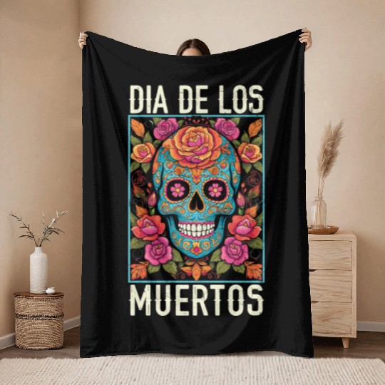 Dia De Los Muertos Sugar Skull Mexican Holiday Throw Blankets