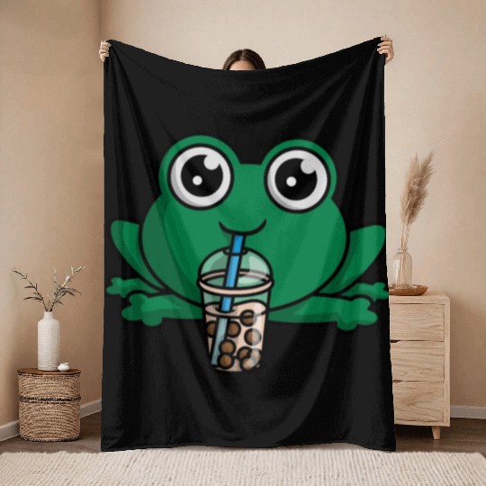 Bubble Boba Tea Drink Frog Cute Anime Kawaii Toad Throw Blankets