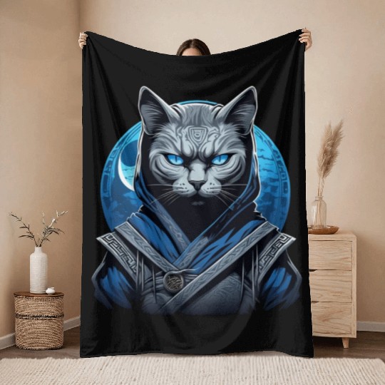 Lunar Guardian Cat: Ninja Amidst the Bl Moon Throw Blankets