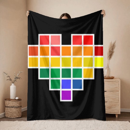 Rainbow Pixel heart Throw Blankets