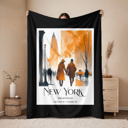 Watercolor painting loving couple in New York City Throw Blankets