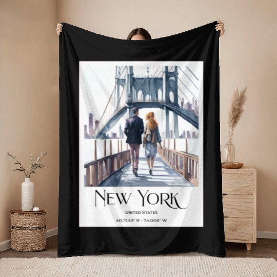Watercolor painting loving couple in New York City Throw Blankets