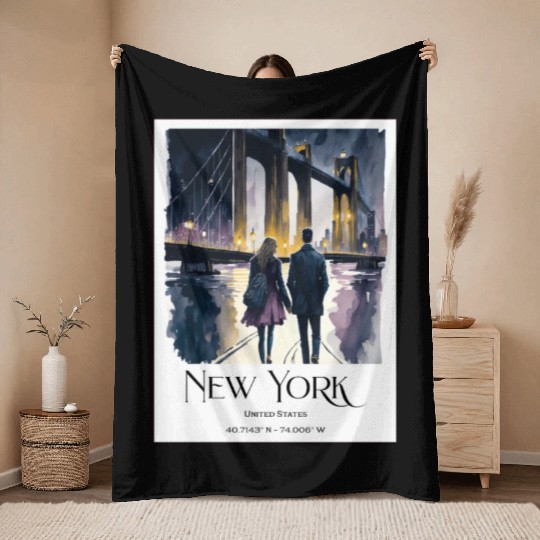 Watercolor painting loving couple in New York City Throw Blankets